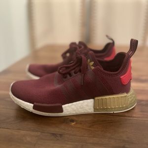 Adidas Women’s NMD_R1 SHOES - size 7.5 - maroon and gold tennis shoes sneakers